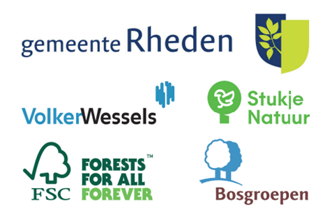 Logo gemeente Rheden, Logo VolkerWessels, Logo Stukje Natuur, Logo FSC en Logo Bosgroepen