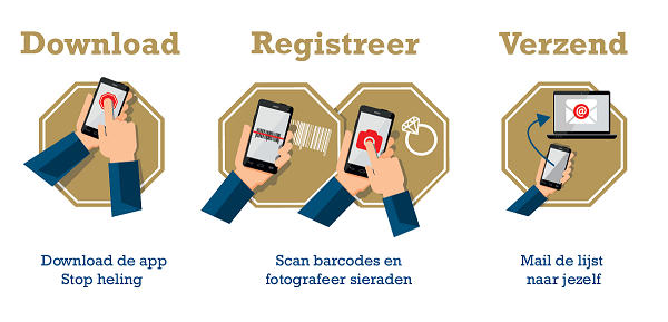 Download de app Stop heling, Scan barcodes en fotografeer sieraden en mail de lijst naar jezelf