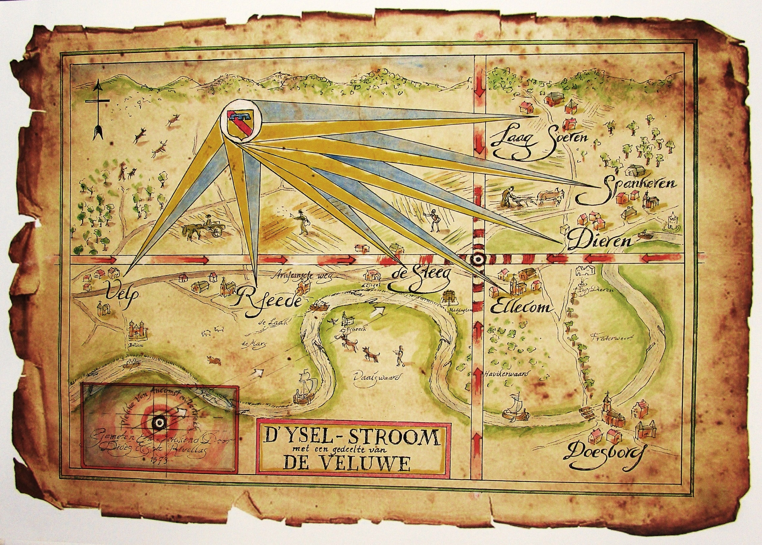 Bijschrift afbeelding: De schatkaart uit 1573 met daarop de mysterieuze aanwijzingen. (Bron: Historisch Centrum Gelderland)