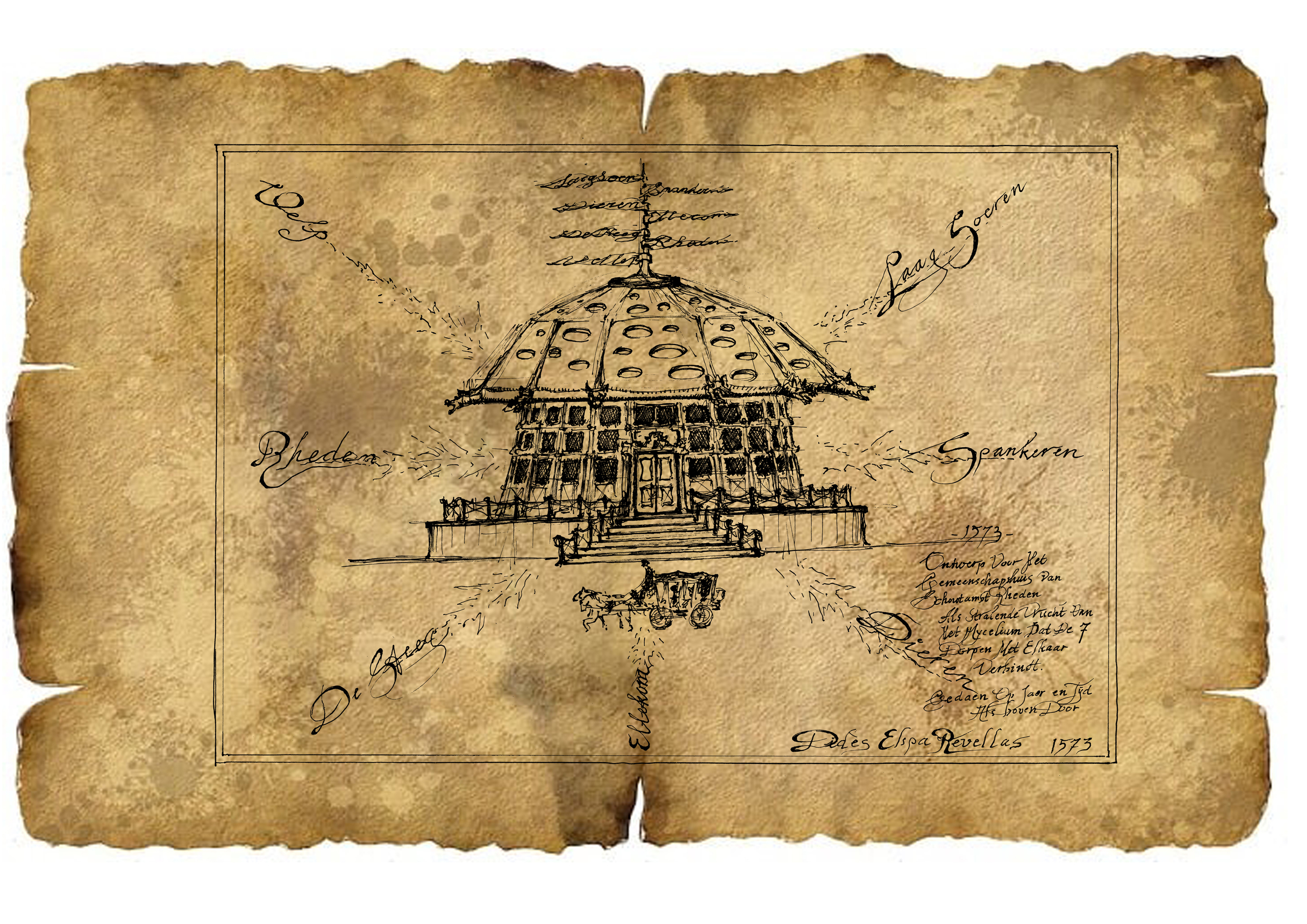 Schets voor het eerste ‘gemeenschapshuis’ van de hand van Didès Elspa Révellas uit 1573. (Bron: Historisch Centrum Gelderland) 
